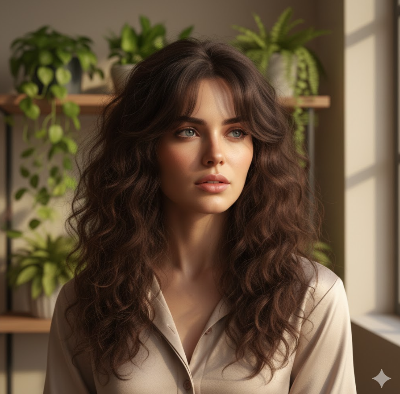 窗边植物下的自然美学自拍