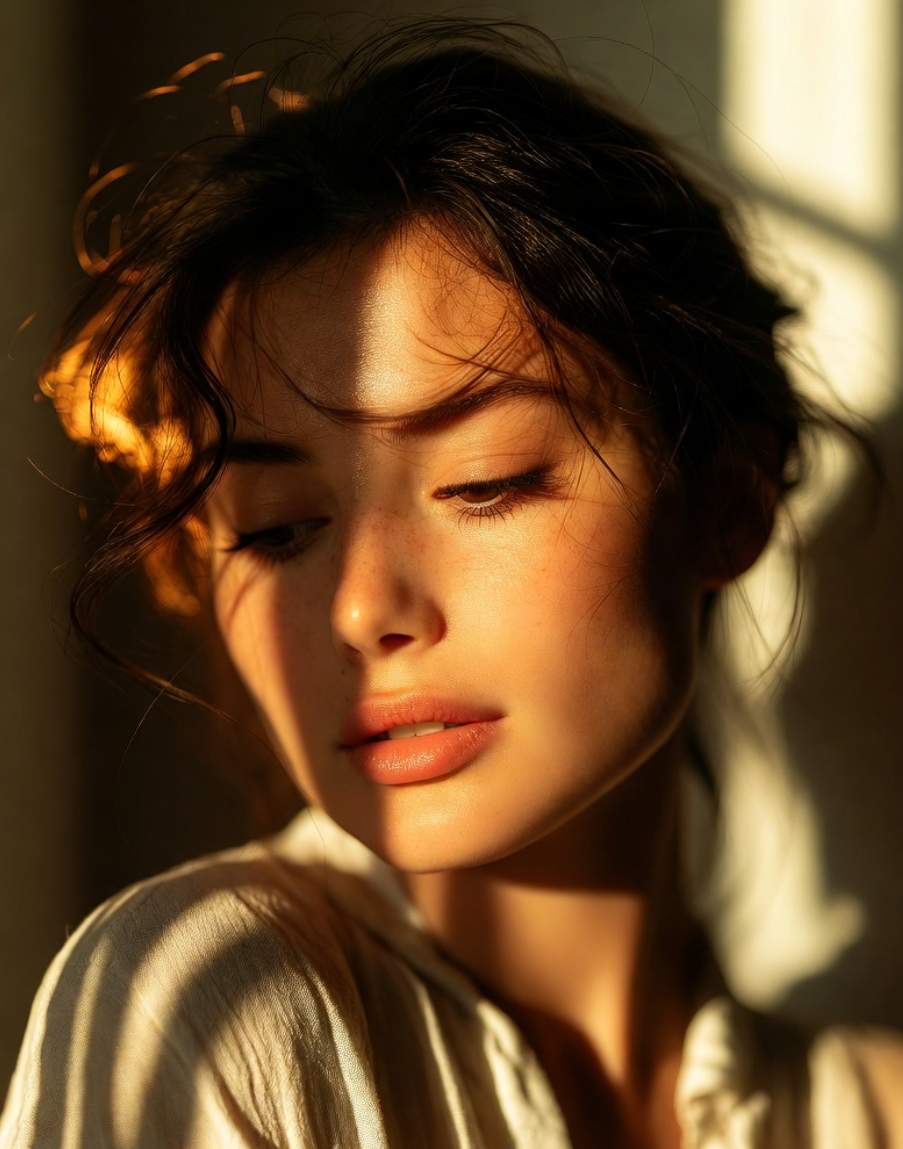 沐浴在透过窗户洒入的柔和晨光中的女性