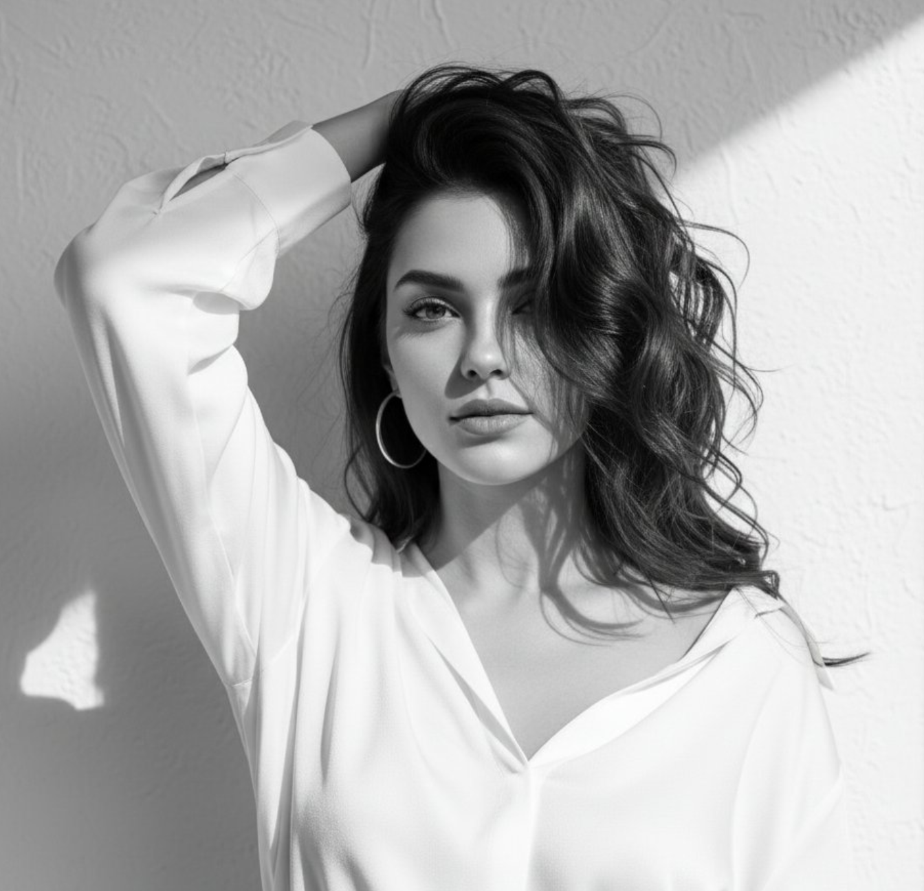 一位身穿宽松白色衬衫的年轻女子的黑白时尚肖像照