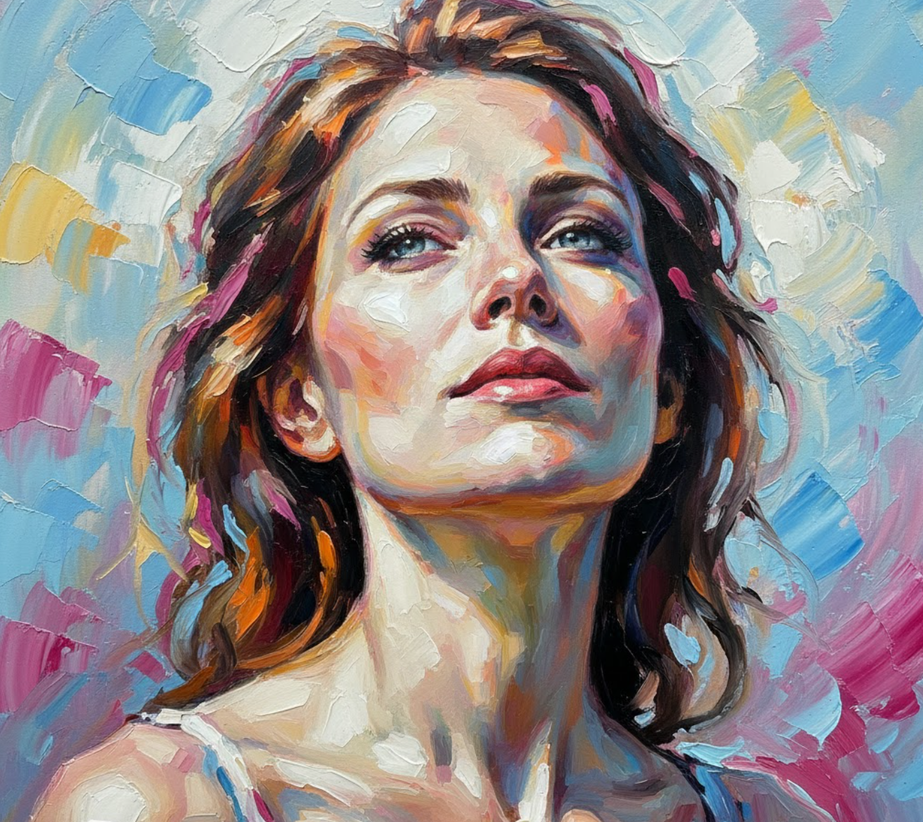 布面油画肖像：抽象色彩与宁静凝视
