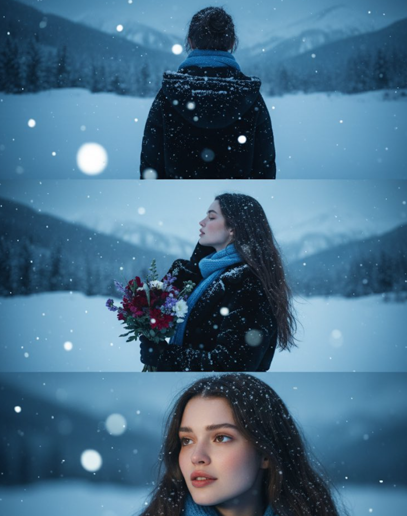 冬日暮光：雪山下的电影感肖像拼贴画