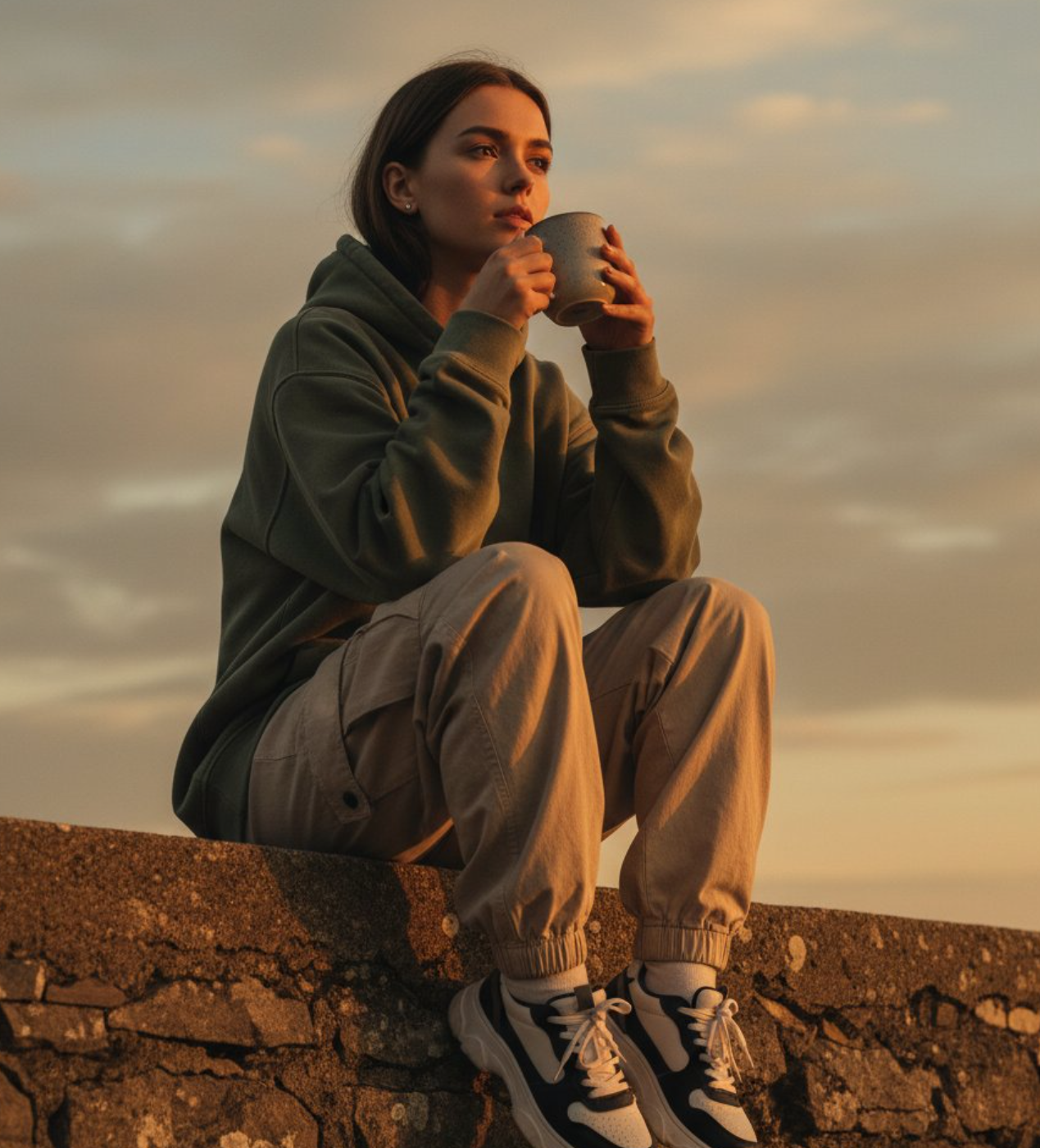 梦幻的日落氛围，女孩坐在一堵有纹理的石墙上