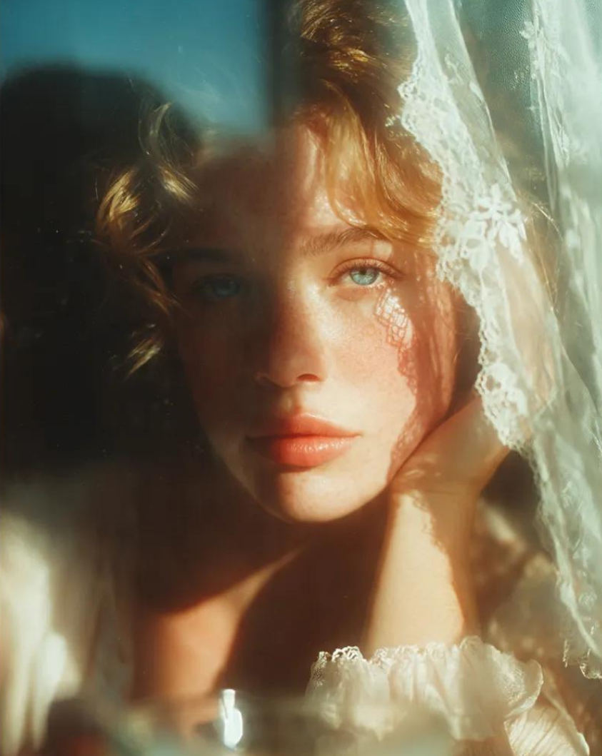 一幅柔和的粉彩色肖像画，梦幻的胶片质感暖意