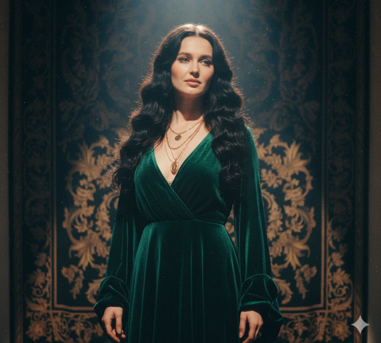 穿绿色天鹅绒长裙的女士